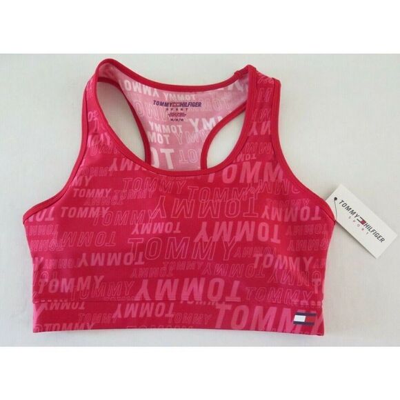 Tommy Hilfiger TPO0676T Womens Sz M Red Multi Tommy Logo Print Padded Sports Bra - Picture 1 of 5